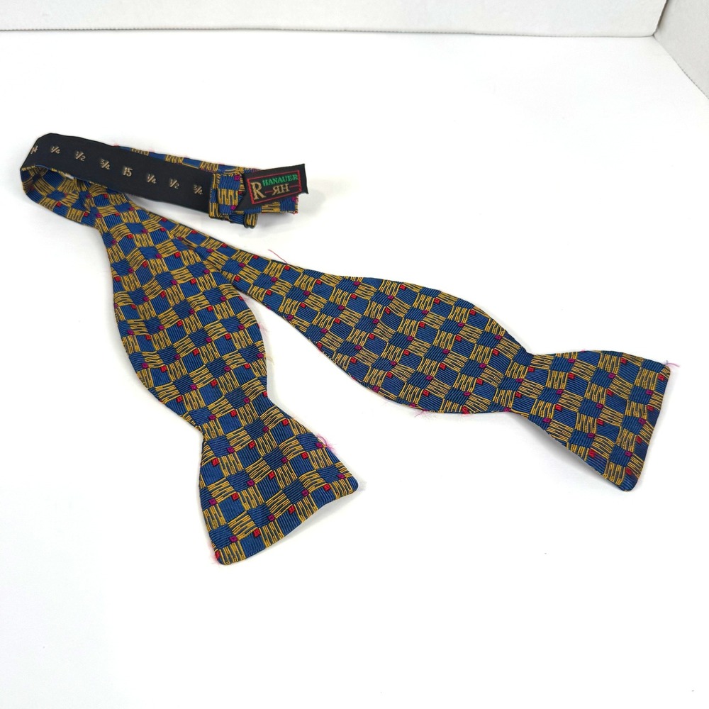 R. Hanauer Bow Tie Men OS Blue Gold Red Silk Handmade Geometric Adjustable